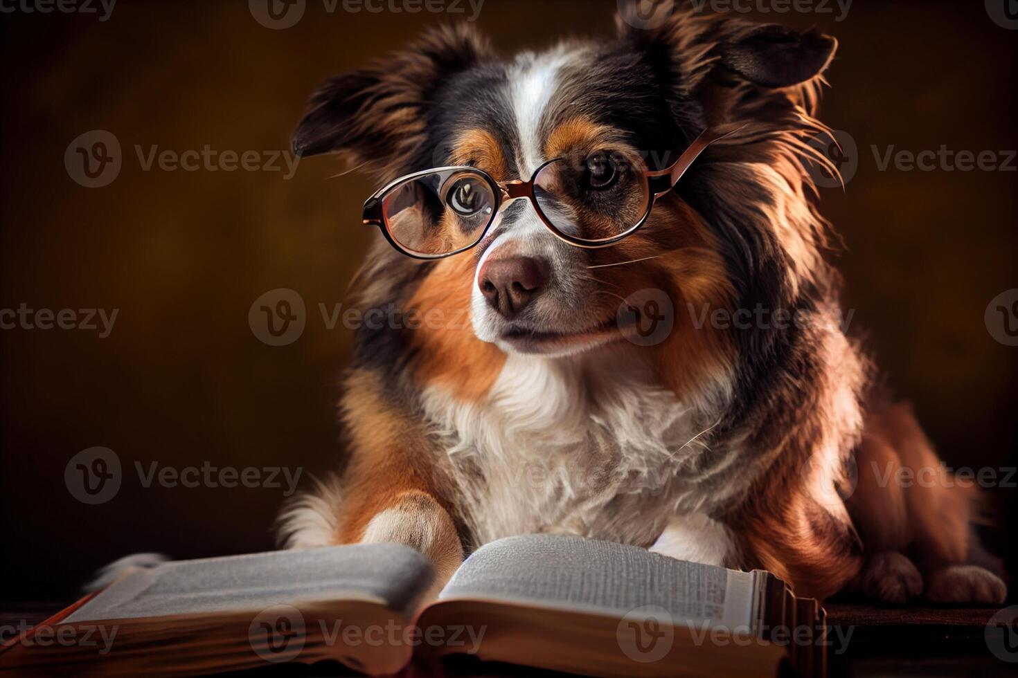 generativo ai ilustración de inteligente grave perro en lentes leyendo un libro, volumn ligero foto