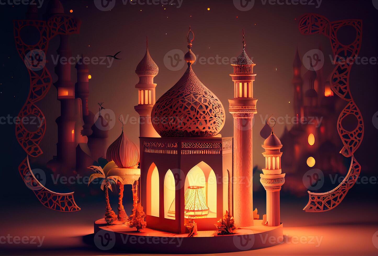 illustration of Islamic holiday. Ramadan night. Mosque and lantern displayed on stages with glowing light in the evening. Wallpaper and banner background. photo