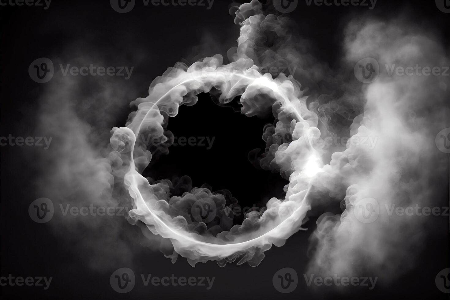 illustration of white smoke exploding outwards with empty center. Dramatic smoke or fog effect for spooky, hot lighting ring circle photo