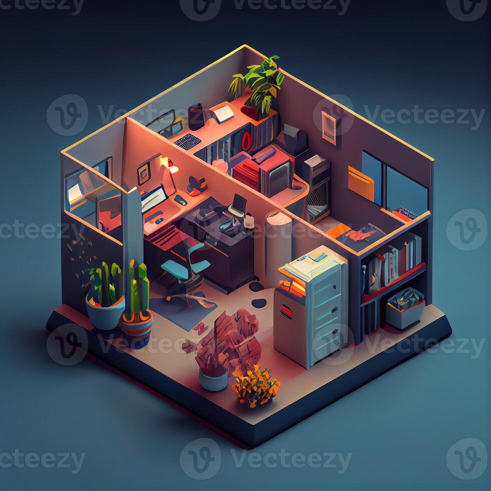 illustration of Office on smart phone, isometric diorama, land plot, pop color, colorful. Digitally generated image photo
