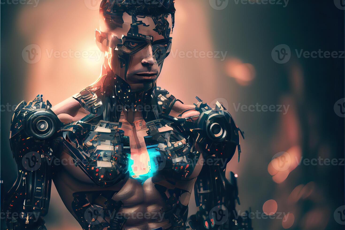 illustration of robot turning human still have skin, into cyborg, cyberpunk background photo