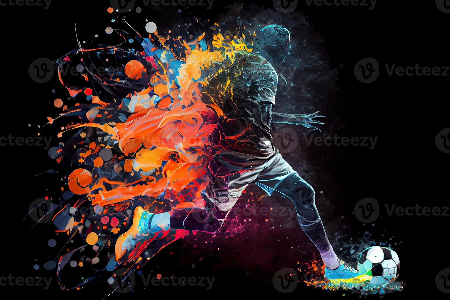 generativo ai ilustración de el esencia de un fútbol jugador en movimiento como ellos patada un pelota con intenso energía, rodeado por vibrante colores y salpicaduras foto