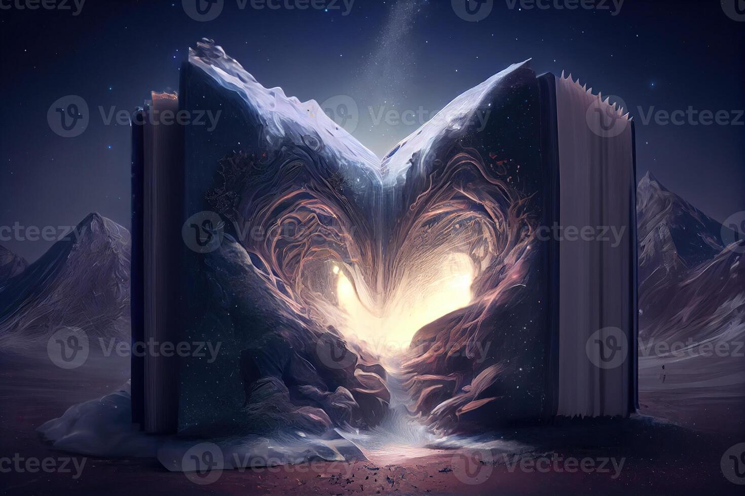 illustration of book of knowledge, universe, fantasy epic atmosphere, beautiful visual effects. Knowledge open new world. photo