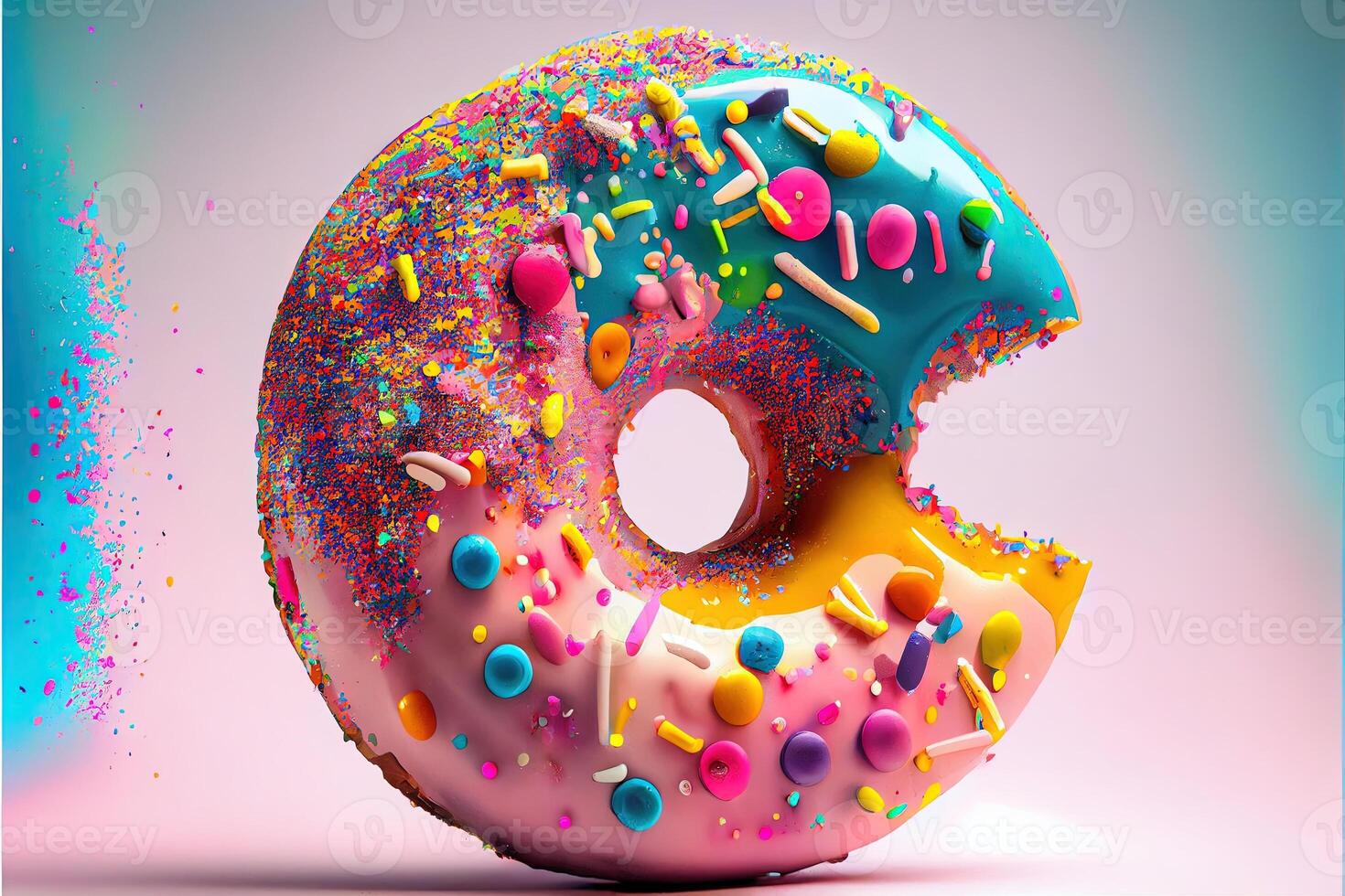 illustration of trippy doughnut collage detailed vibrant colors, splatters, giant glistening doughnut , floating in free space, pastel back drop. Digitally generated image photo
