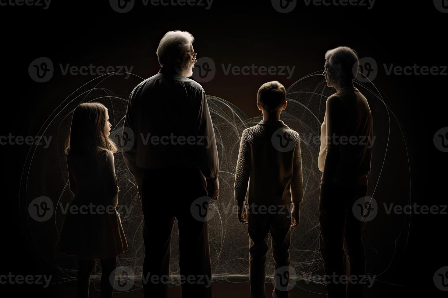 Different generations of family stand together against dark abstract background. photo