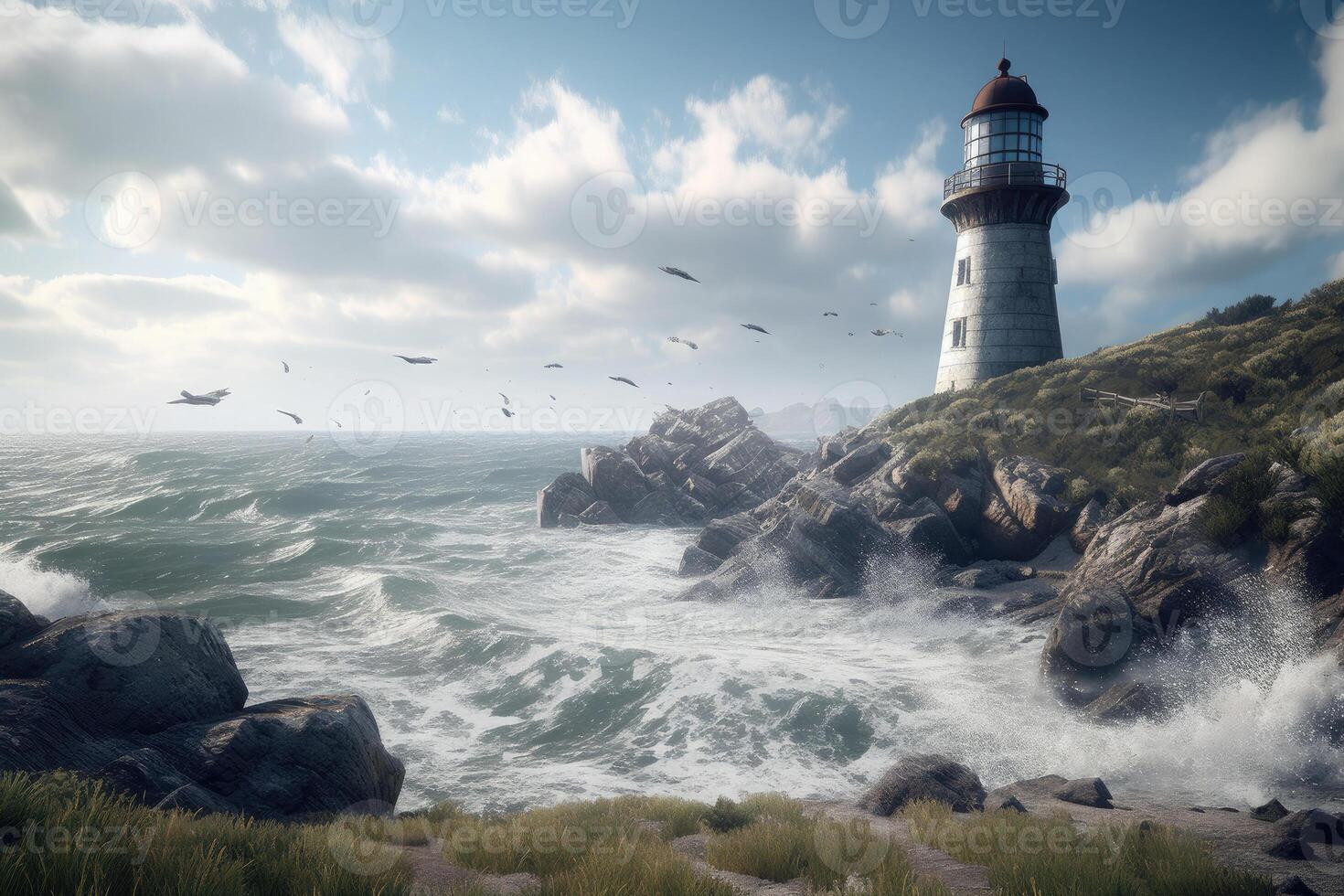 Sea landscape with stormy waves and lighthouse. Navigation for ships. photo