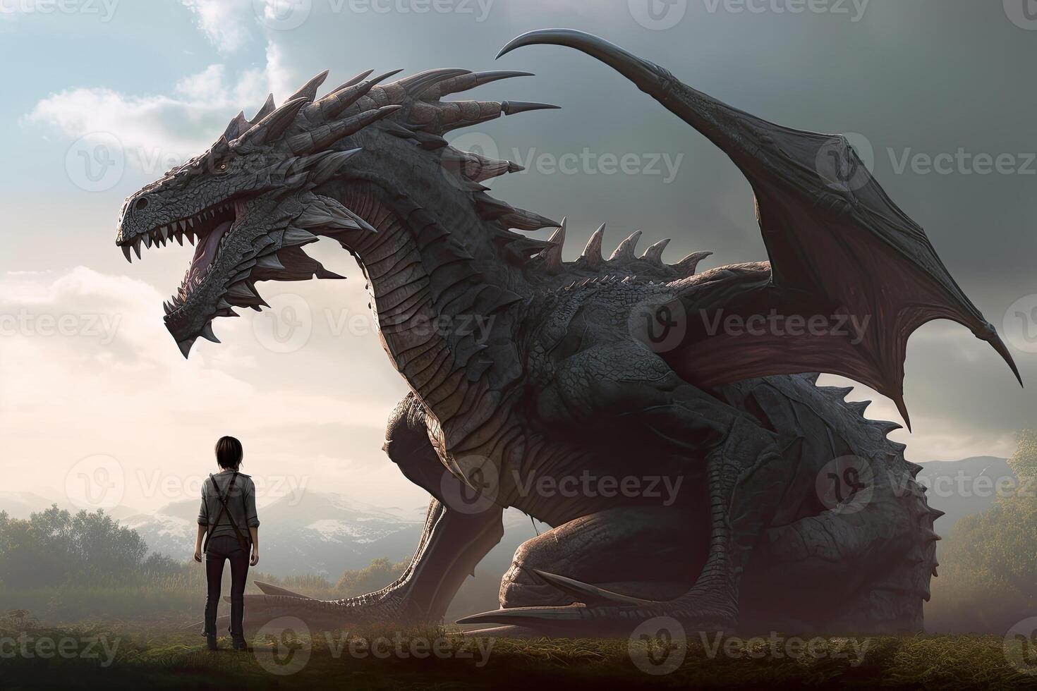 Man stands in front of huge dragon, fantasy world. photo