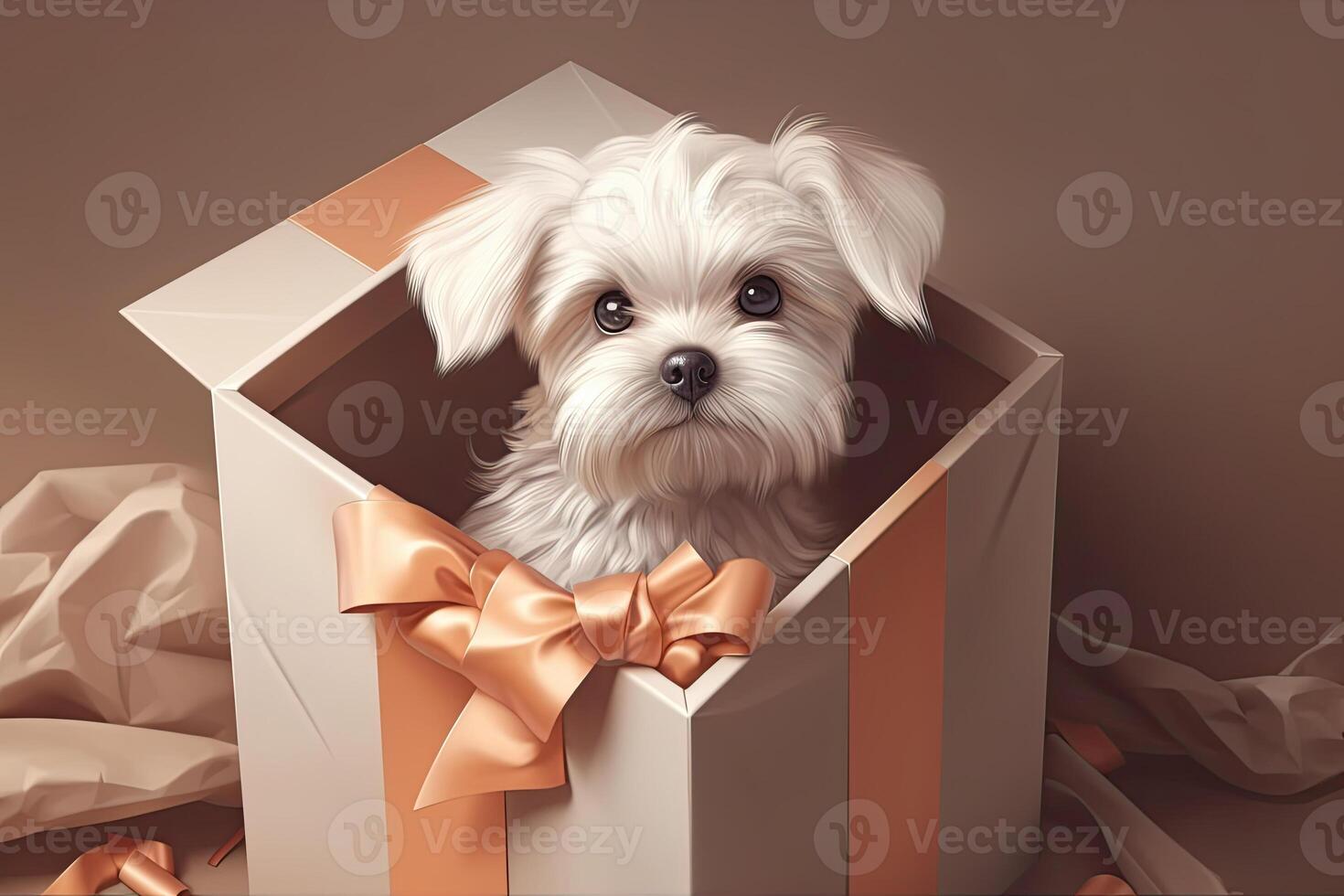 Cute dog looking out from gift box. Pet as present. photo