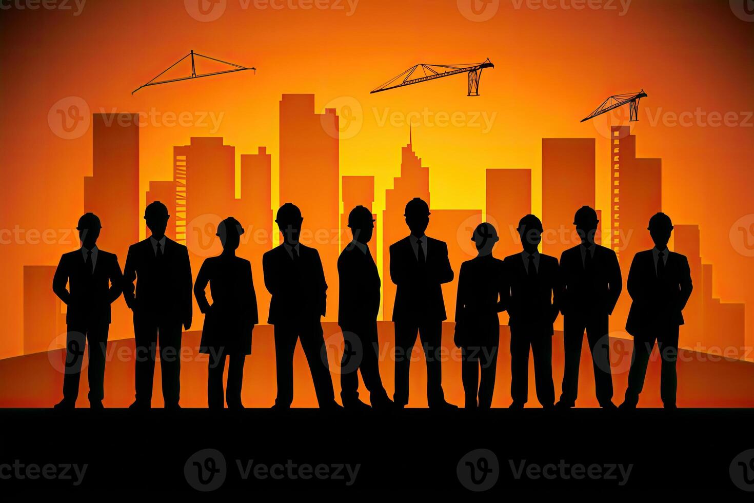 Silhouettes of engineers at construction site at sunset. photo