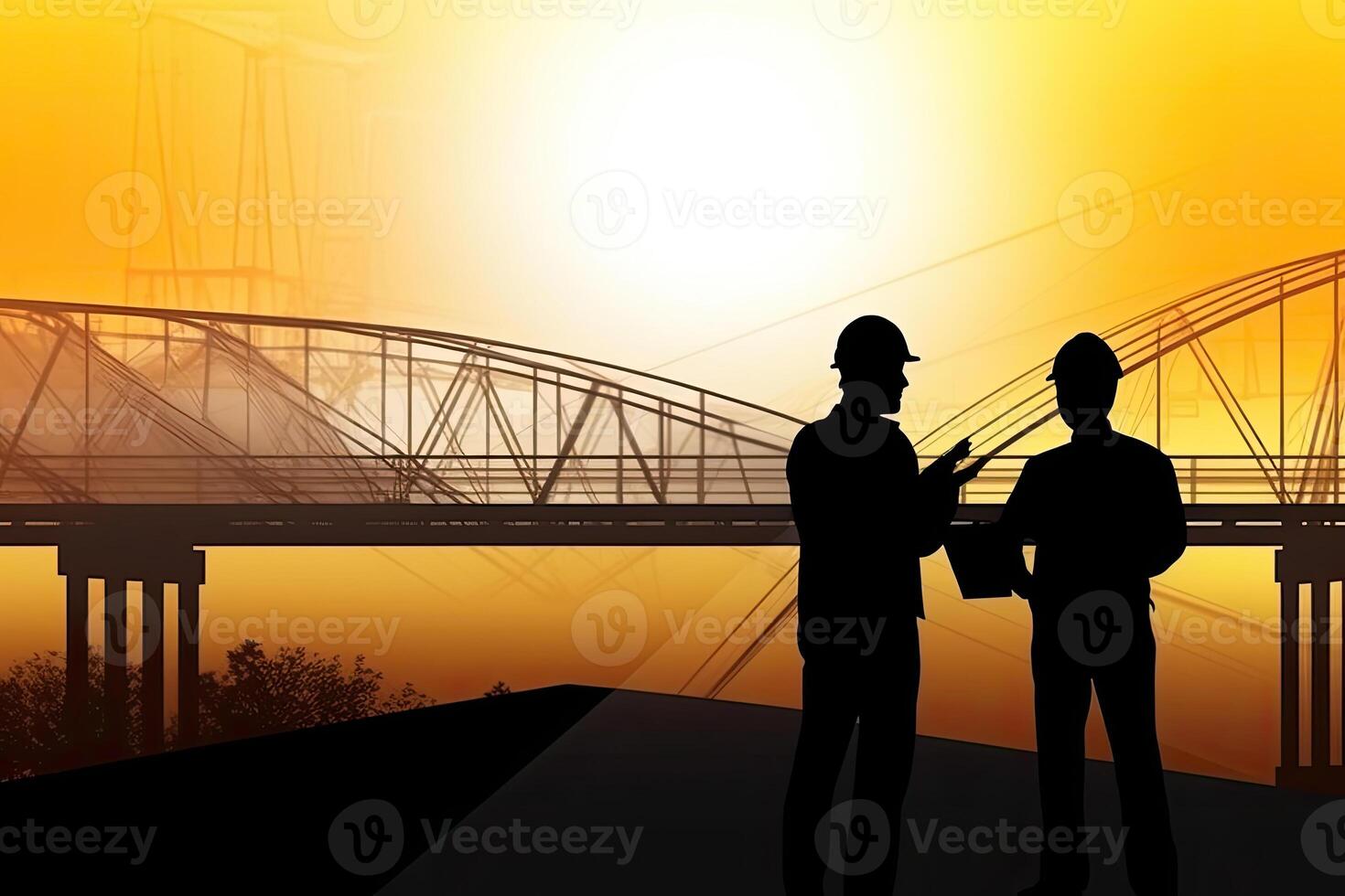 siluetas de ingenieros a construcción sitio a puesta de sol. generativo ai foto