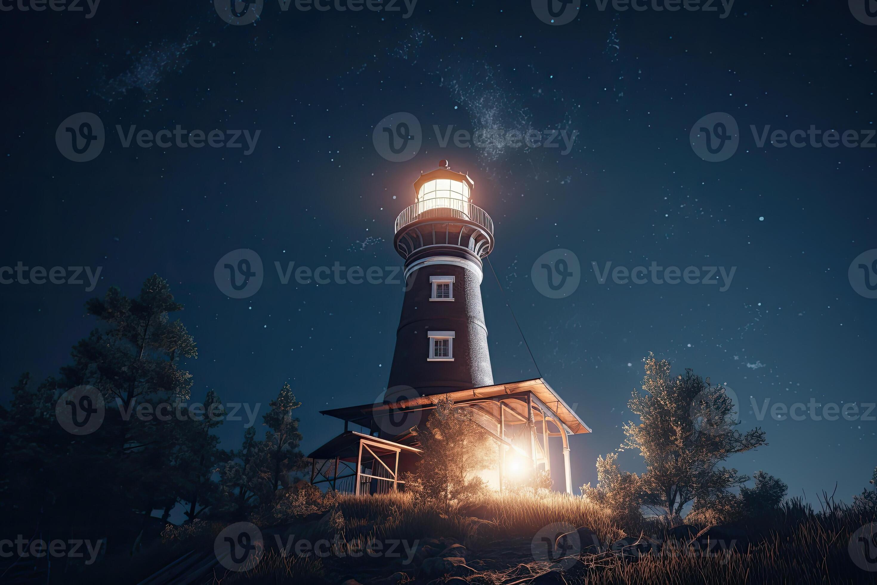 Lighthouse in sea at starry night. Navigation for ships. 22701463 Stock