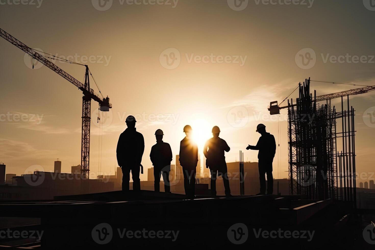 Silhouettes of engineers at construction site at sunset. photo