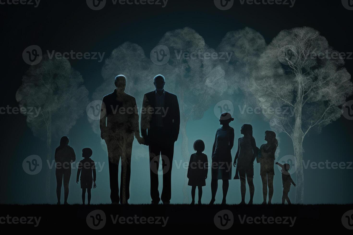 Different generations of family stand together against dark abstract background. photo