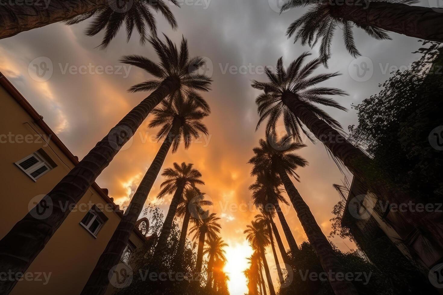 Palm tree silhouettes against sunset sky. photo