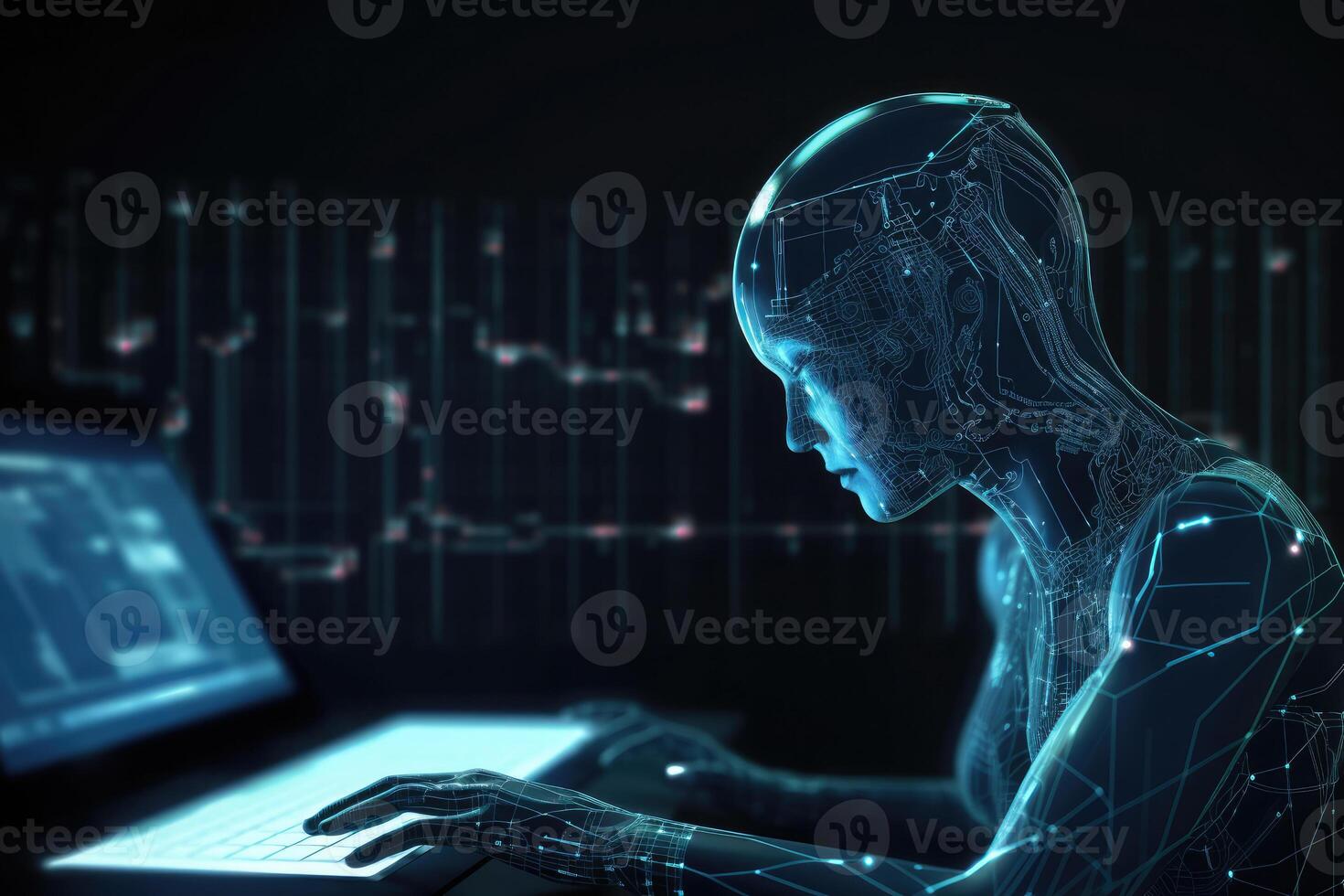 Machine learning. Artificial intelligence robot on futuristic background. photo