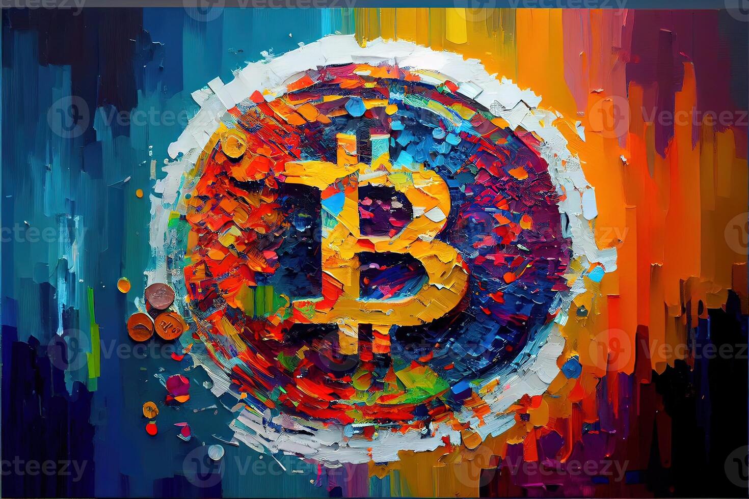 illustration of modern abstract oil painting of bit coin, beautiful Colorful Geometric Pattern, Vibrant, Palette Knife Painting, pixel art photo