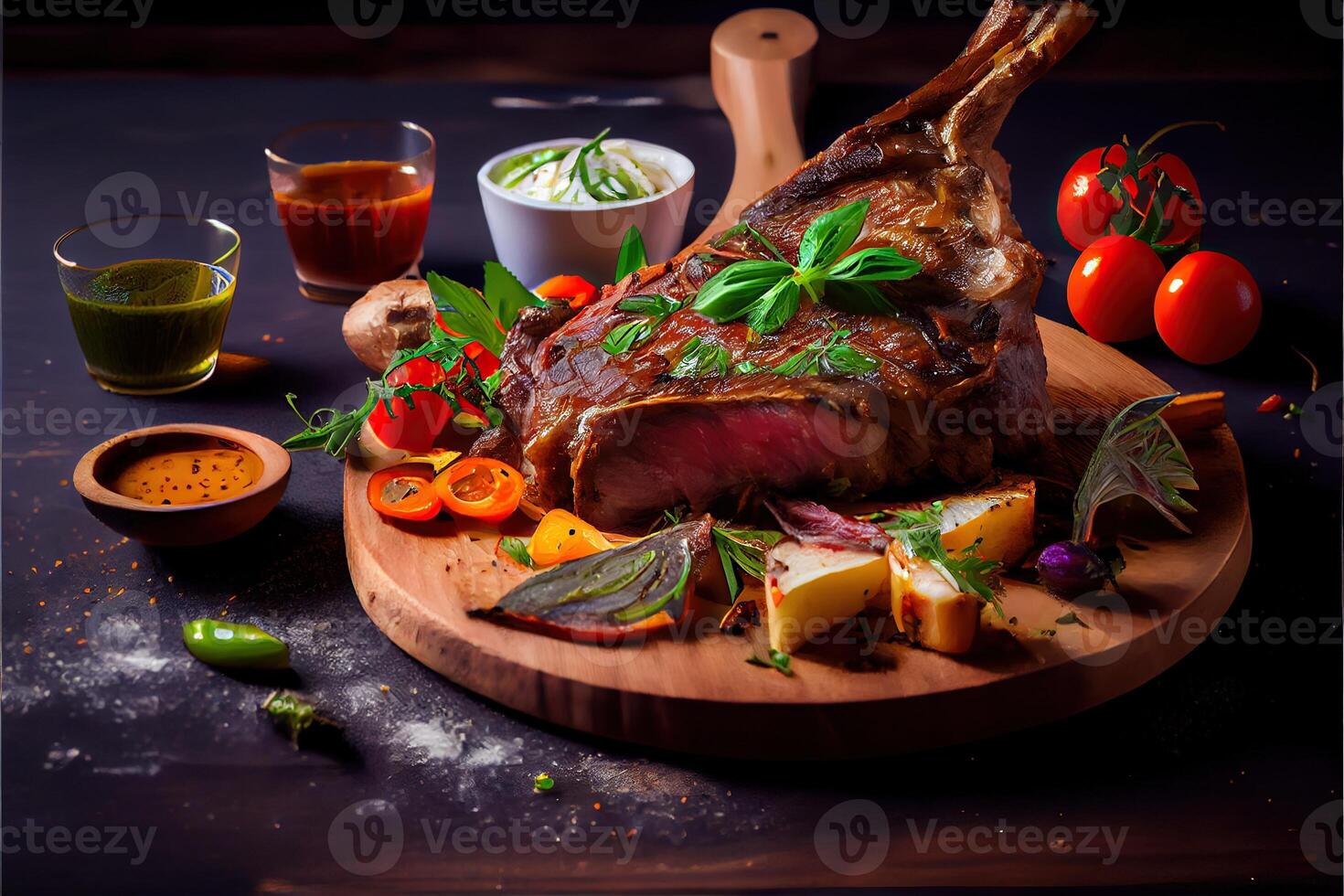 illustration of freshly grilled tomahawk steaks on wooden cutting board, superbly delicious tomahawk steak, barbecue photo