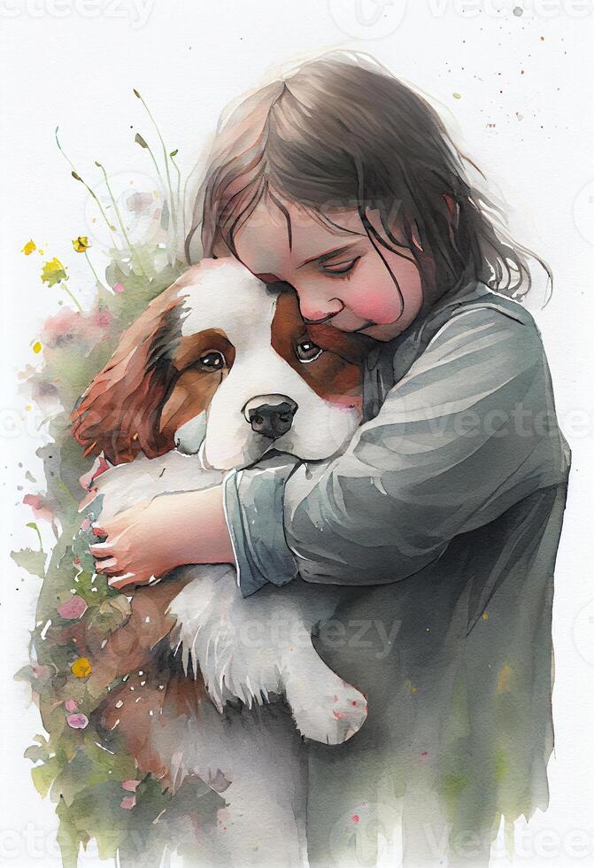 illustration of Girl hugs Bernese mountain dog, simple naive watercolor illustration photo