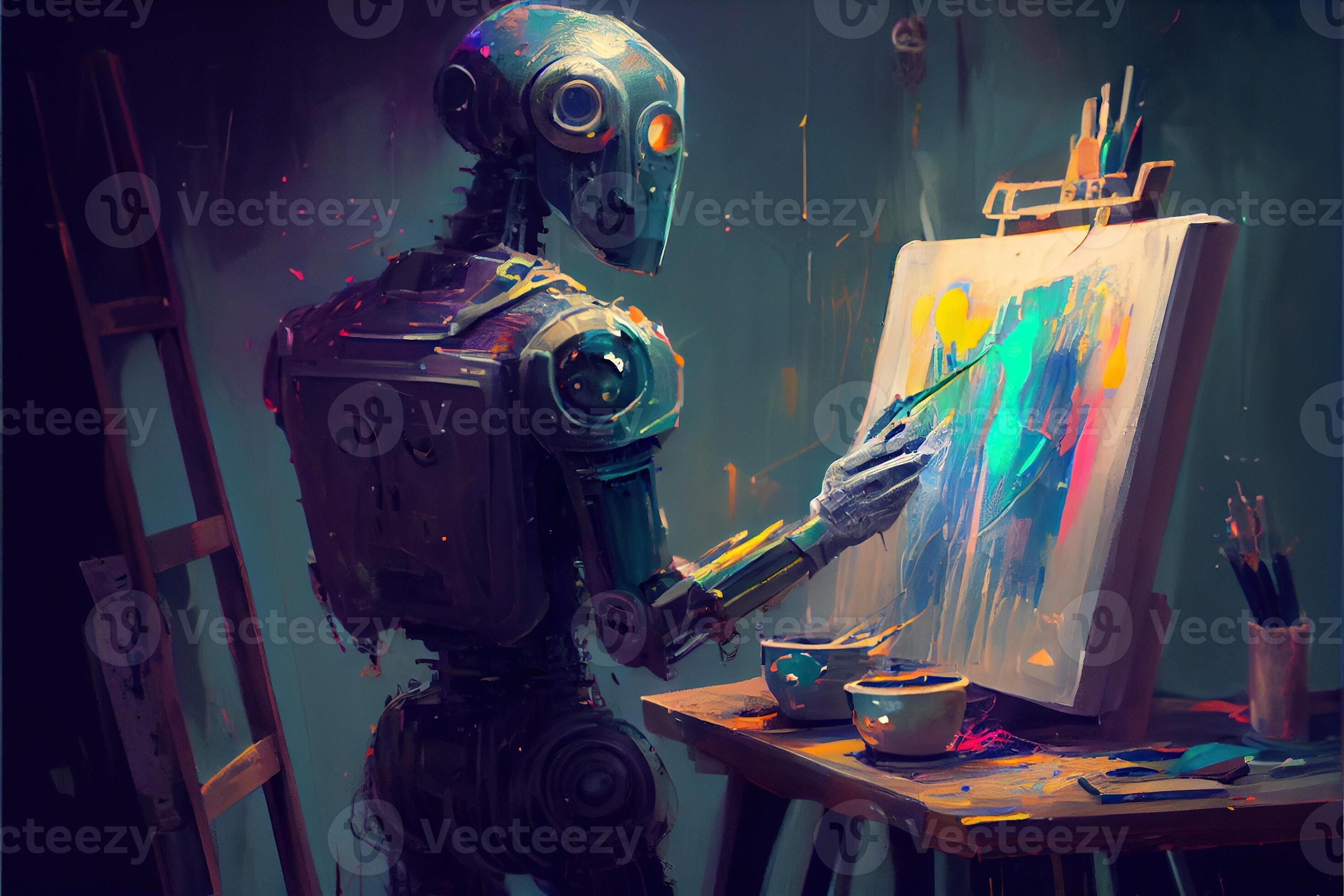 overskæg mild Sober Generative AI illustration of Cyborg Ai robot artist in dark studio next to  his easel, painting and paints while working, neural network generated art.  Digitally painting, generated image. 22701574 Stock Photo at
