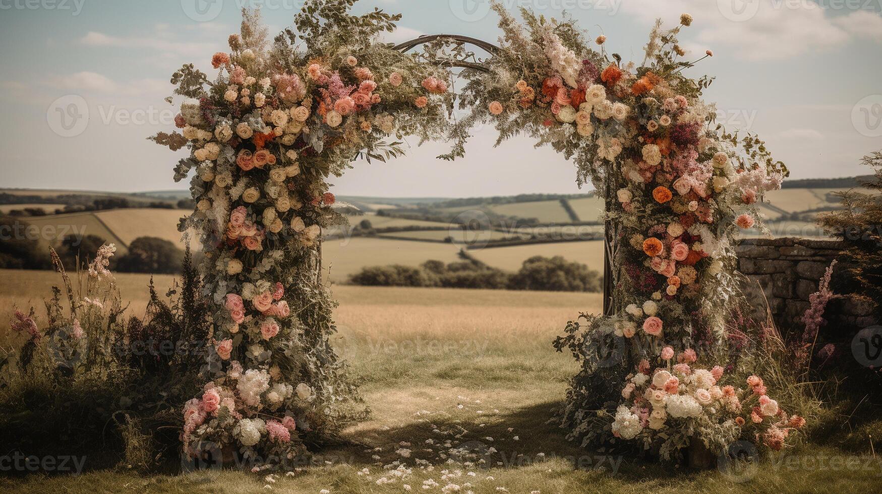 generativo ai, Boda ceremonia boho rústico estilo arco con flores y plantas, flor ramos de flores foto