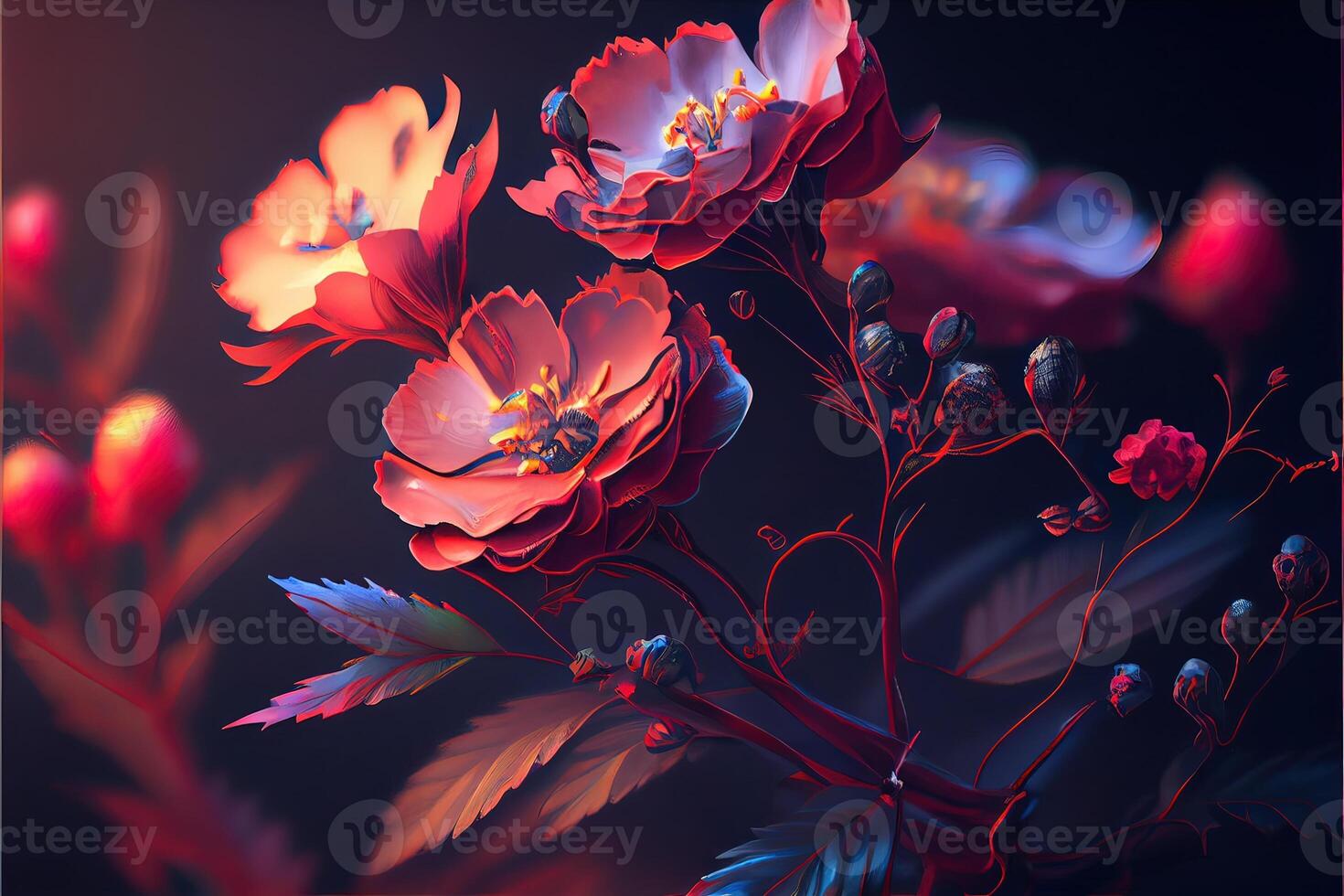 illustration of flowers concept art. Chinese digital art, style and background. Retro texture. Close focus. photo