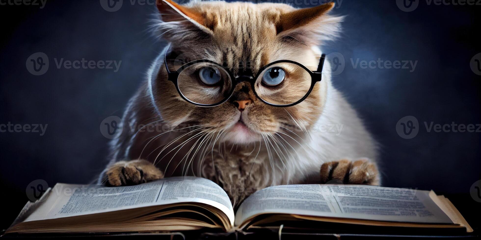 illustration of Intelligent serious cat in glasses reading a book, volumn light photo