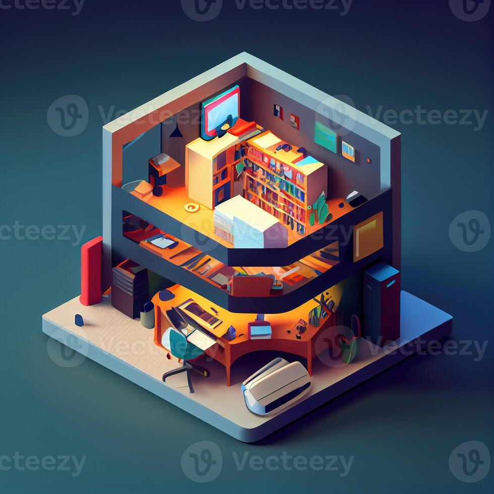 illustration of Office on smart phone, isometric diorama, land plot, pop color, colorful. Digitally generated image photo