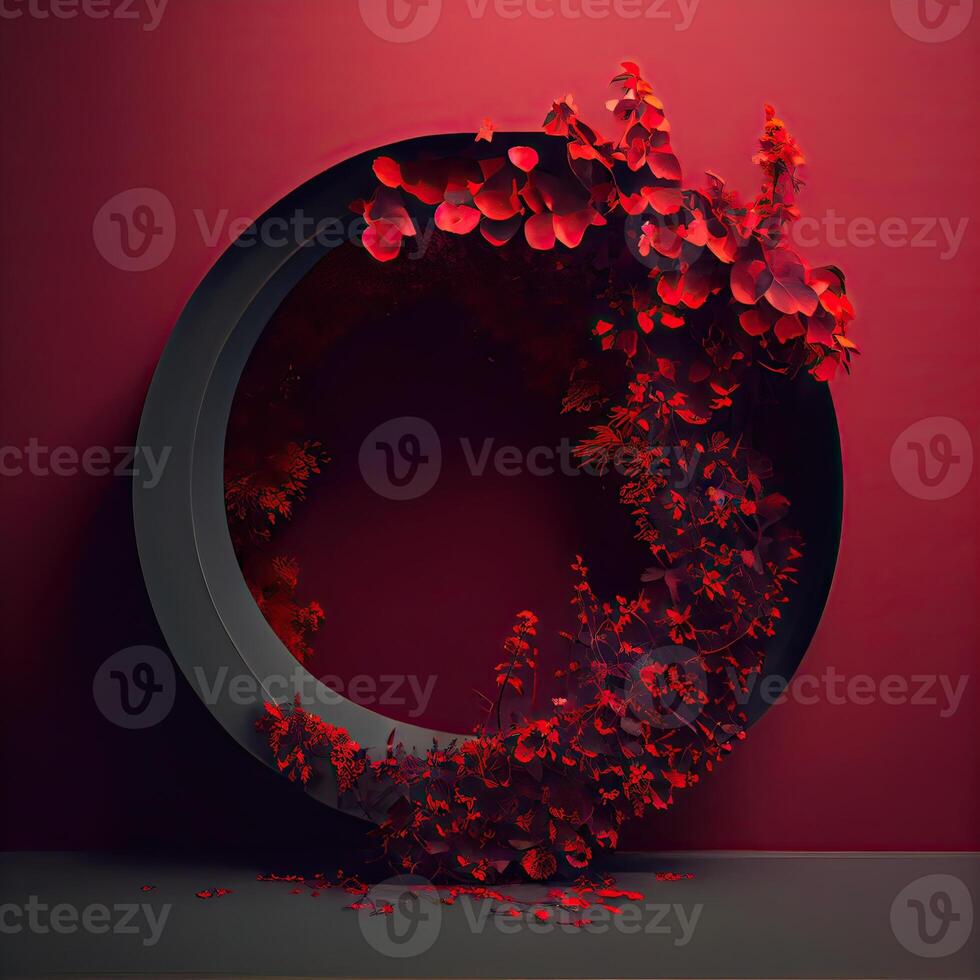 illustration of the beauty and creativity of circular flower arch that seems to float in mid-air. The arch is adorned with bright red flowers and dark, striking black foliage photo