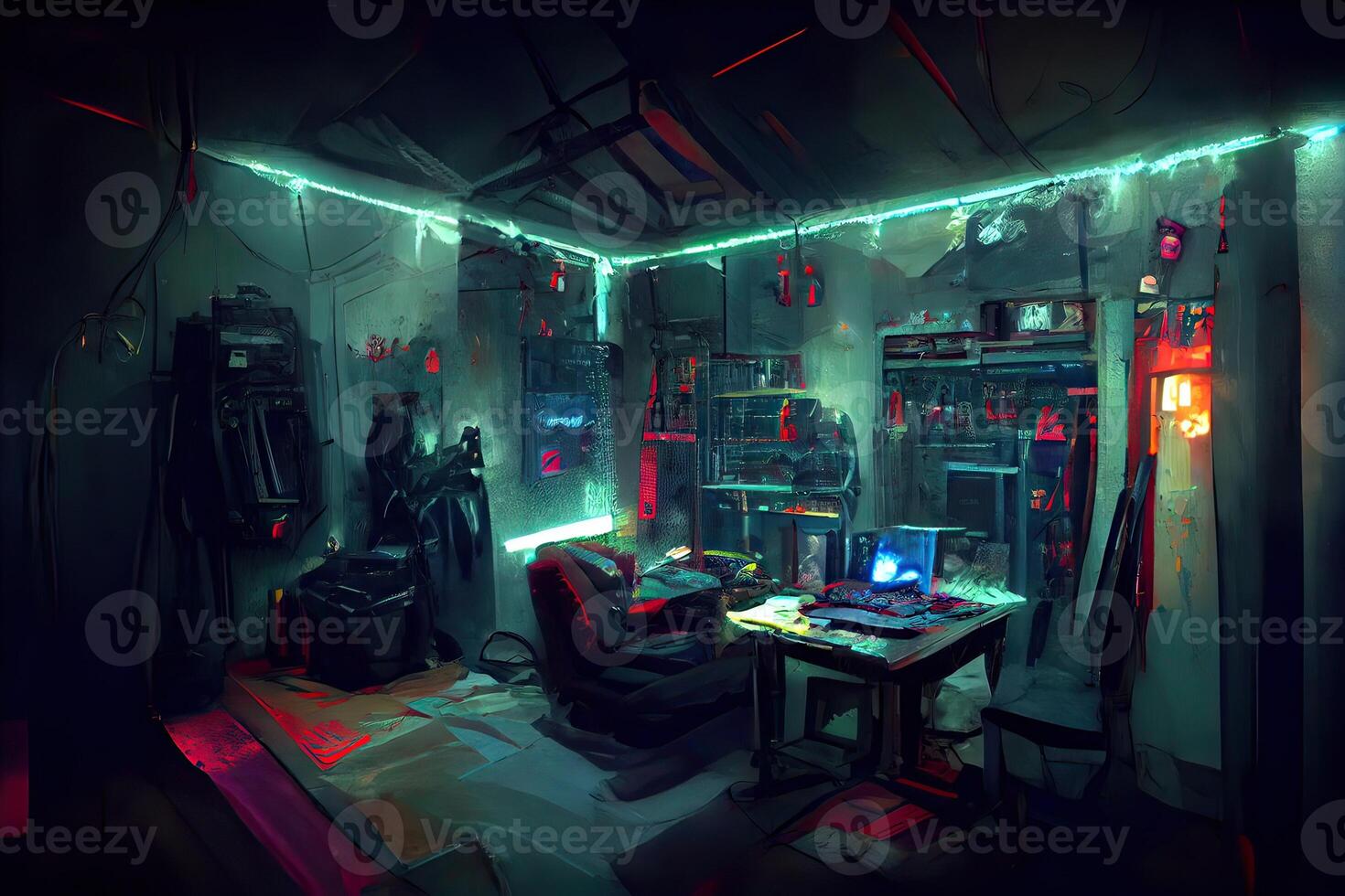 illustration of messy and dark cyberpunk hacker hideout room with lights photo