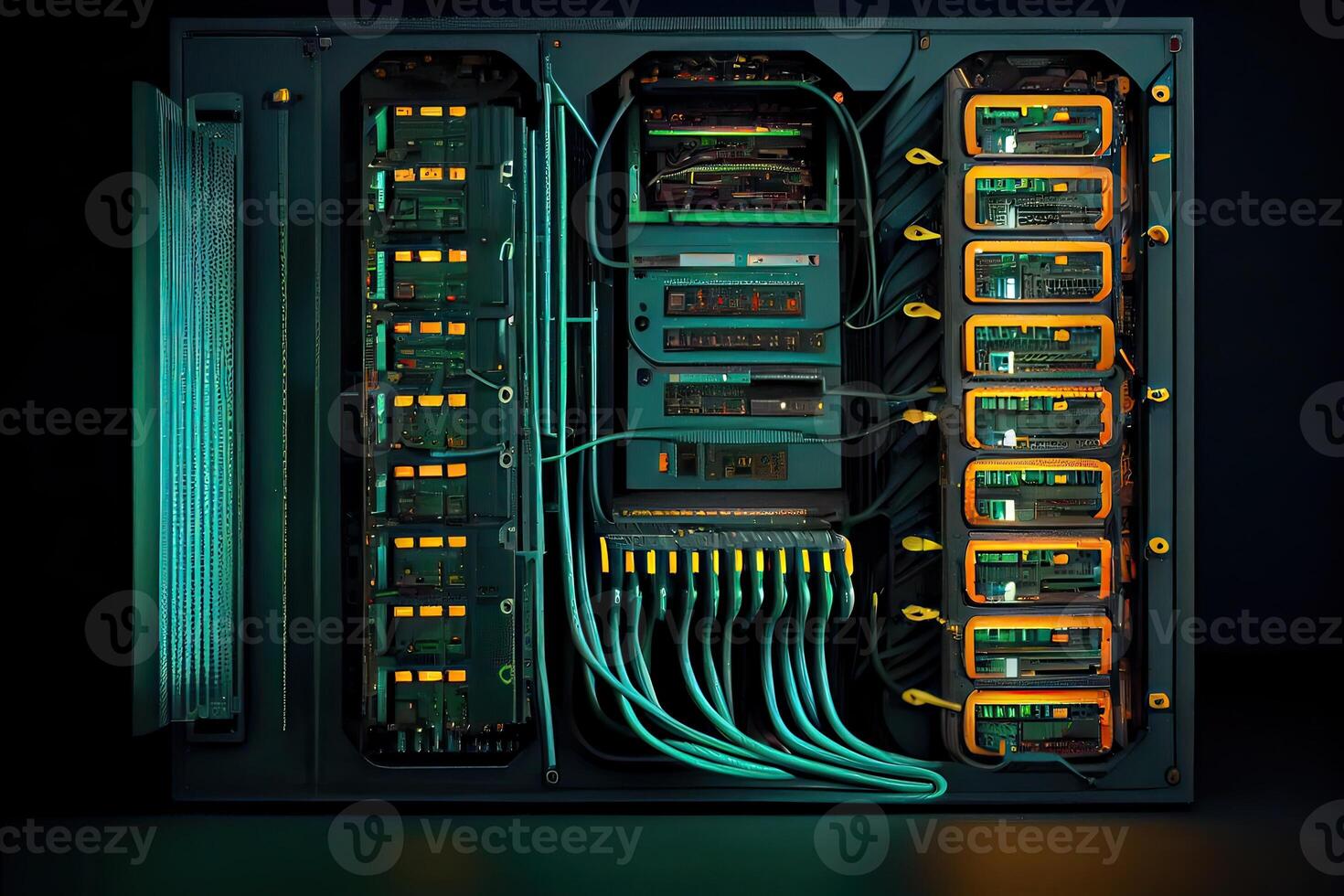 illustration of a platform for hosting contemporary Internet contents. Rack housing server data storage hardware. The equipment in the data center is connected by a lot of network cables photo