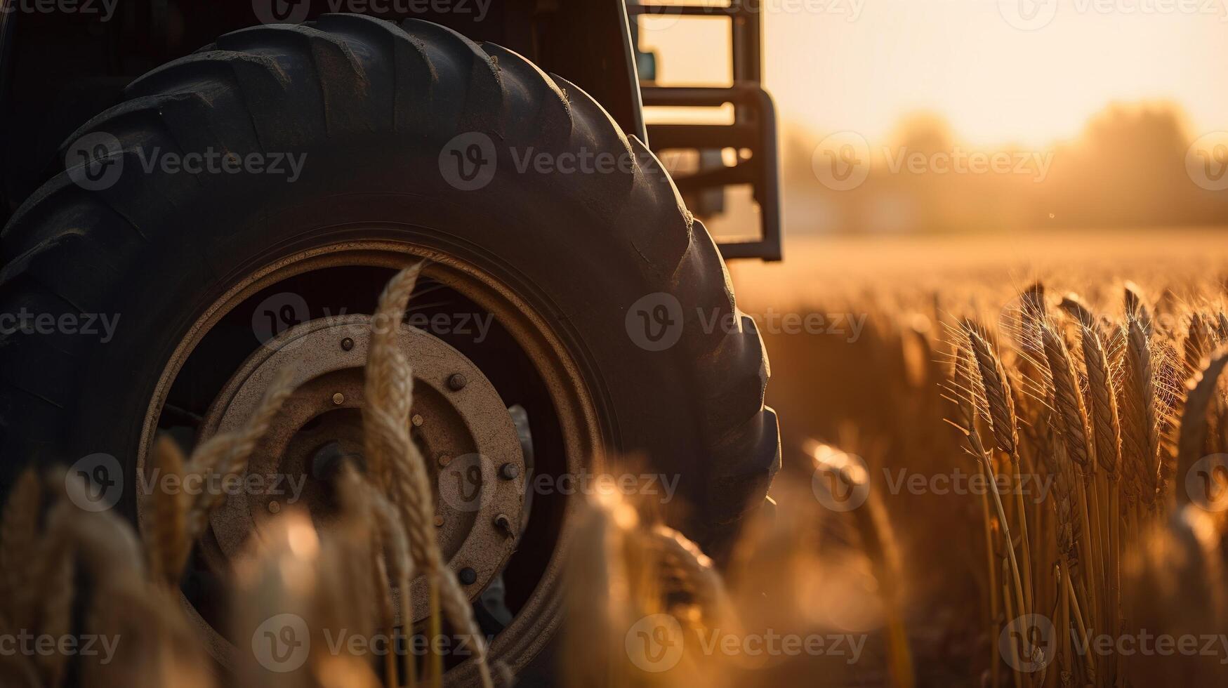 generativo ai, de cerca moderno combinar segador en un trigo campo, granja paisaje, agrícola hermosa campo. naturaleza ilustración, fotorrealista horizontal bandera. foto