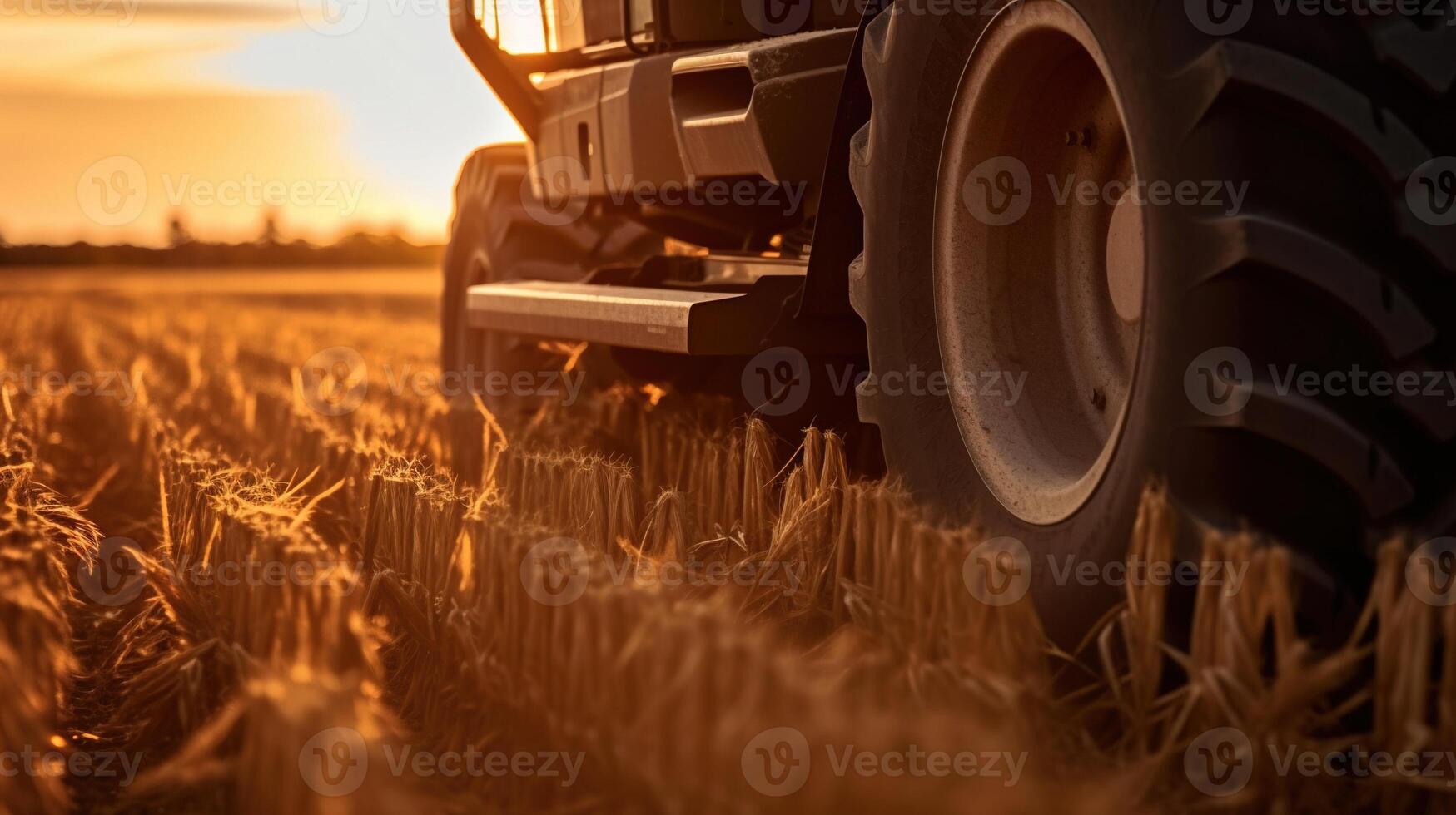 , closeup modern combine harvester on a wheat field, farm landscape, agricultural beautiful countryside. Nature Illustration, photorealistic horizontal banner. photo