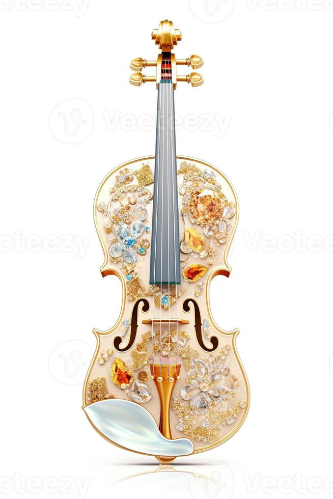 , beautiful musical instrument violin, brooch, opal stone and golden color palette isolated on white background. Bijouterie, jewelry close up photo