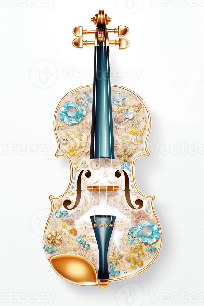 , beautiful musical instrument violin, brooch, opal stone and golden color palette isolated on white background. Bijouterie, jewelry close up photo