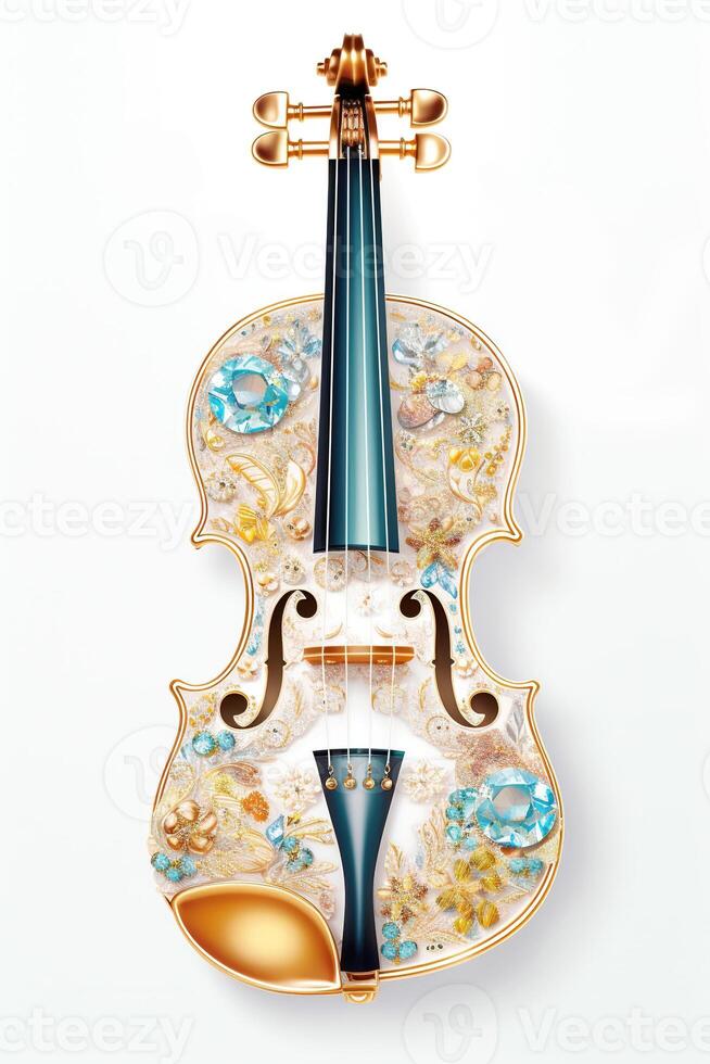 , beautiful musical instrument violin, brooch, opal stone and golden color palette isolated on white background. Bijouterie, jewelry close up photo