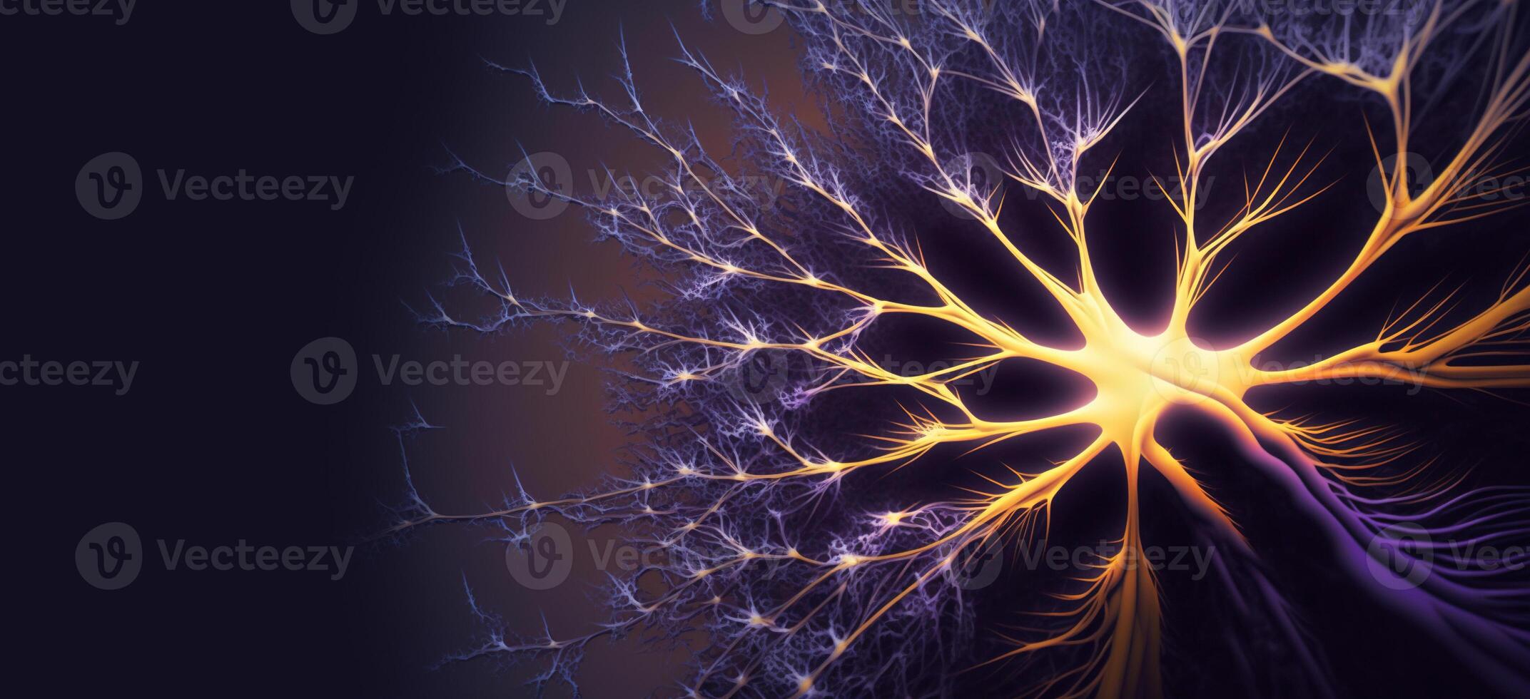 , Conceptual illustration of neuron cells with glowing link knots in abstract dark space, high resolution. Human nervous system, neural network photo