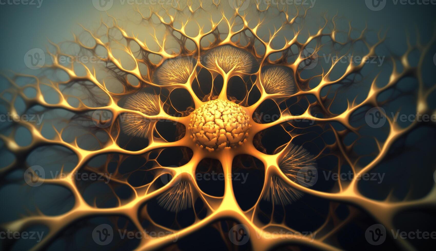 , Conceptual illustration of neuron cells with glowing link knots in abstract dark space, high resolution. Human nervous system, neural network photo