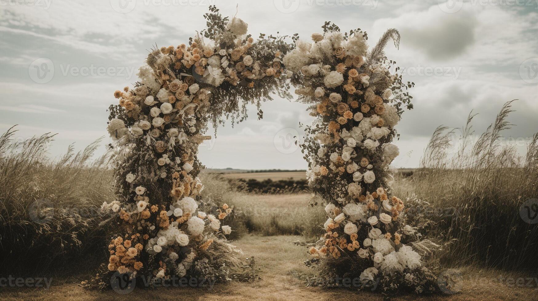 , Wedding ceremony boho rustic style arch with flowers and plants, flower bouquets. photo