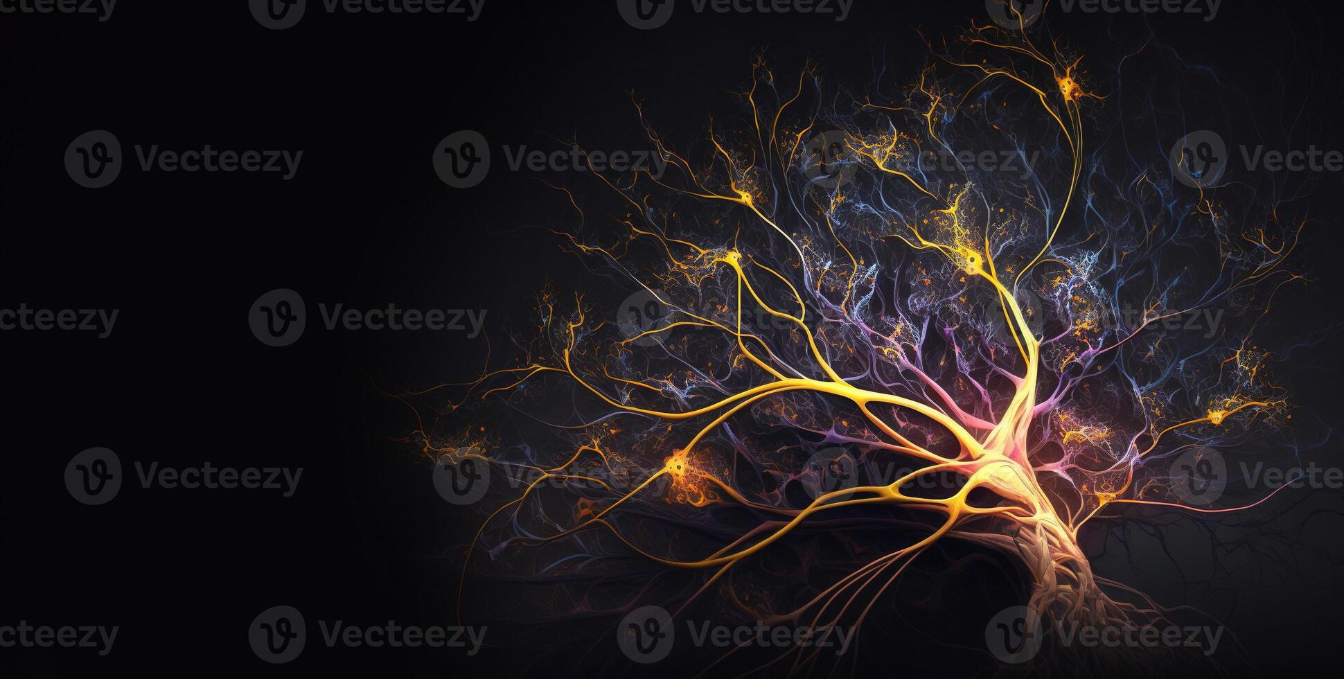 , Conceptual illustration of neuron cells with glowing link knots in abstract dark space, high resolution. Human nervous system, neural network photo