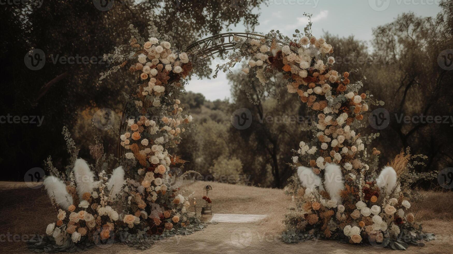 , Wedding ceremony boho rustic style arch with flowers and plants, flower bouquets. photo