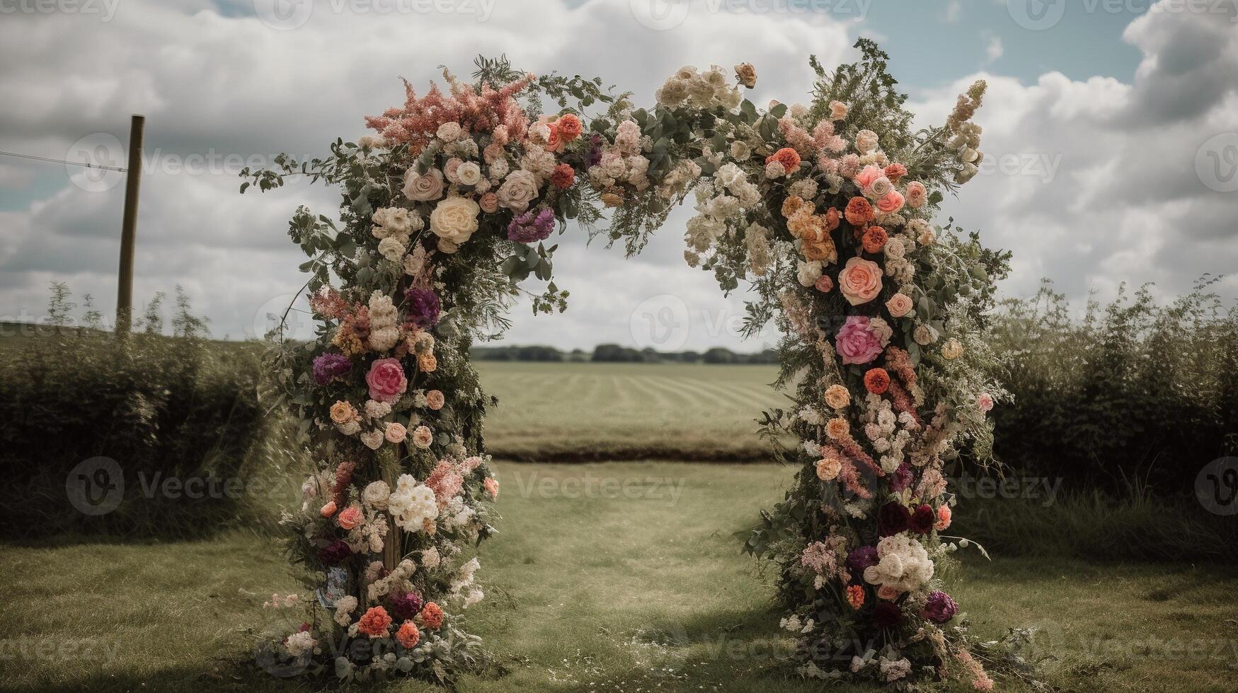 generativo ai, Boda ceremonia boho rústico estilo arco con flores y plantas, flor ramos de flores foto