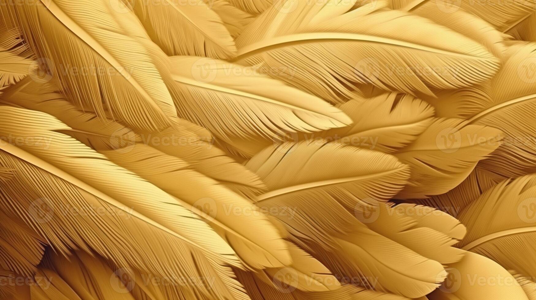 , Beautiful light yellow closeup feathers, photorealistic background. Small fluffy yellow feathers randomly scattered forming photo