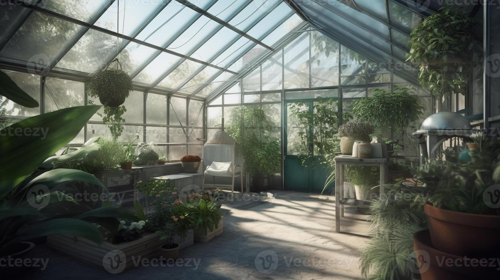 generativo ai, verde casa desde el vaso, carpa-vidrio jardín con un lote de plantas. fotorrealista efecto. foto