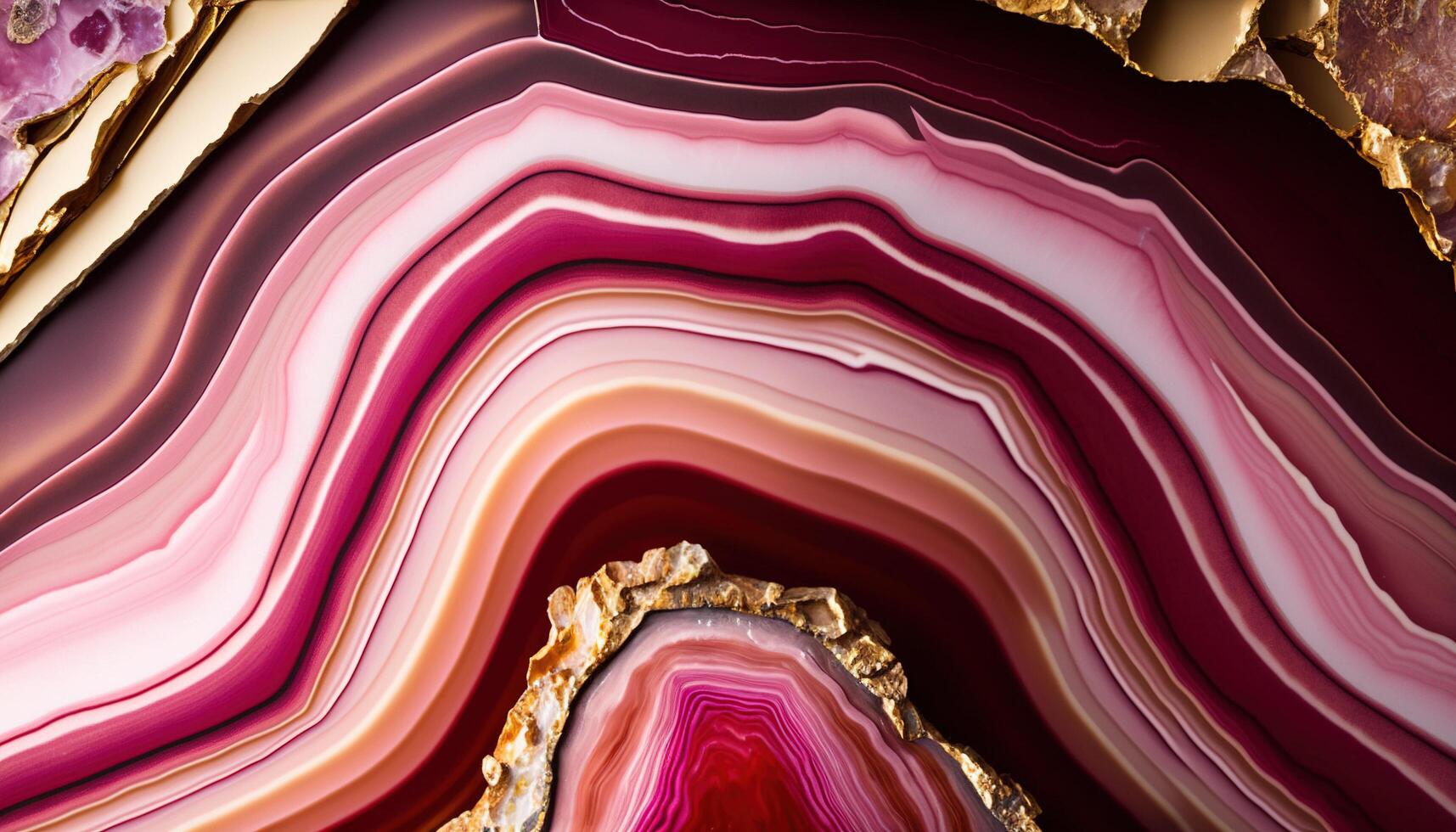 , natural volcanic agate stones close-up light pink magenta and golden texture. Wallpaper background, quartz marble, decorative rock pattern photo