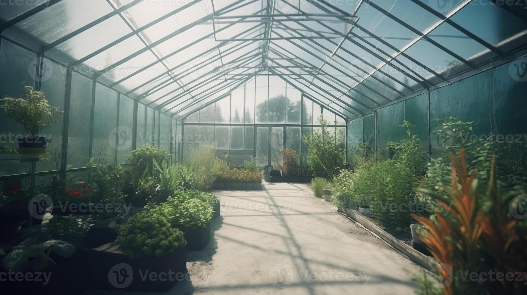 , Green house from the glass, tent-glass garden with a lot of plants. Photorealistic effect. photo