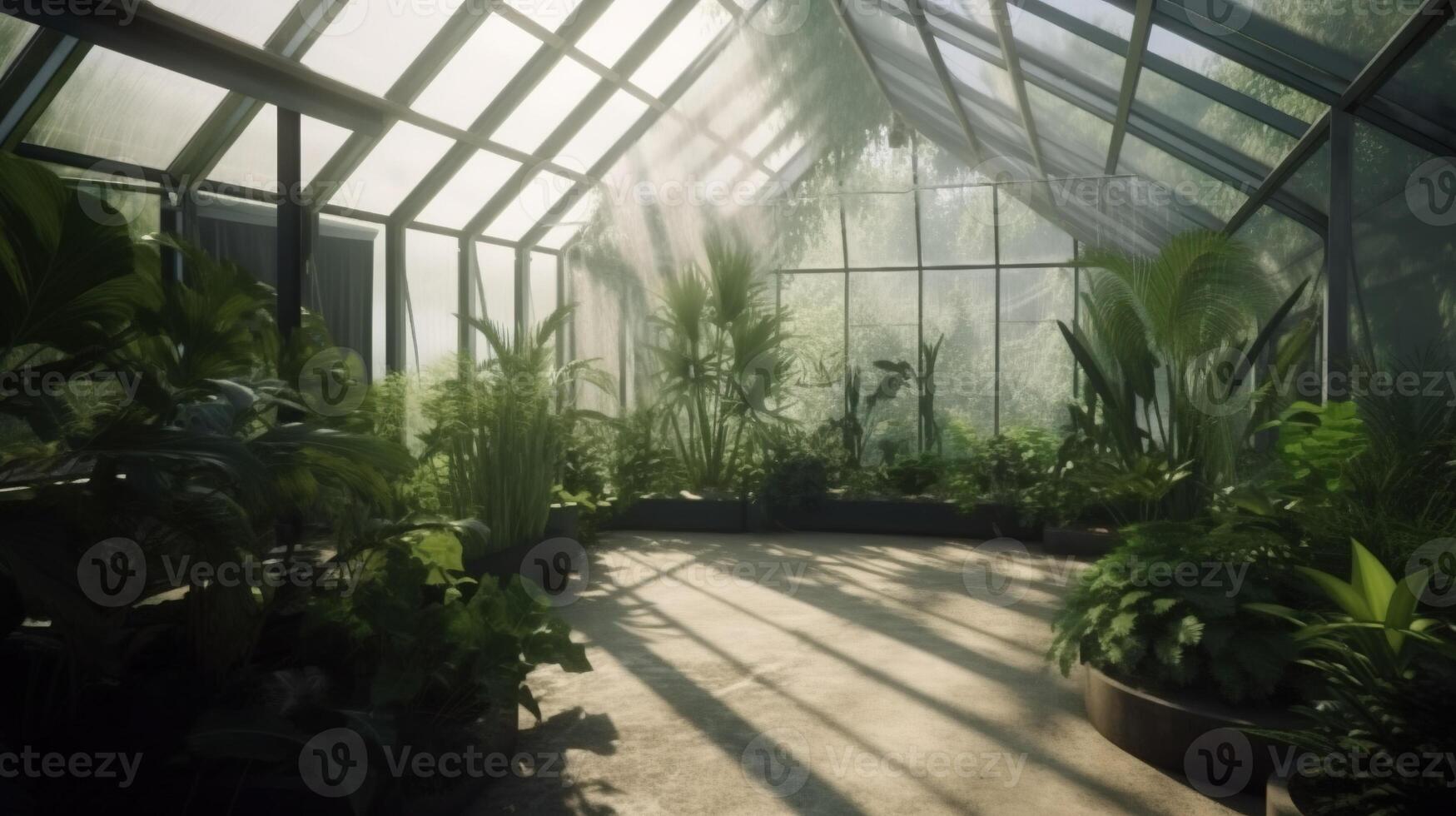 , Green house from the glass, tent-glass garden with a lot of plants. Photorealistic effect. photo