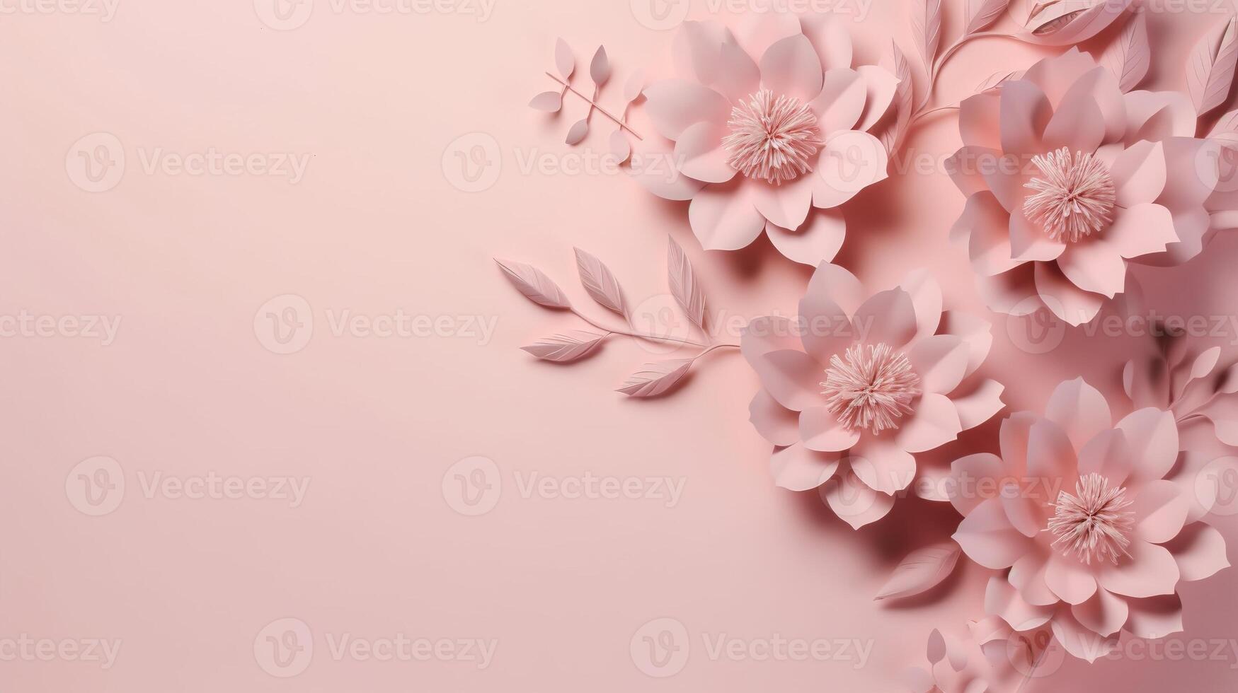 , Paper cut craft flowers and leaves, light pink color, floral origami textured background, spring mood. Photorealistic effect. photo