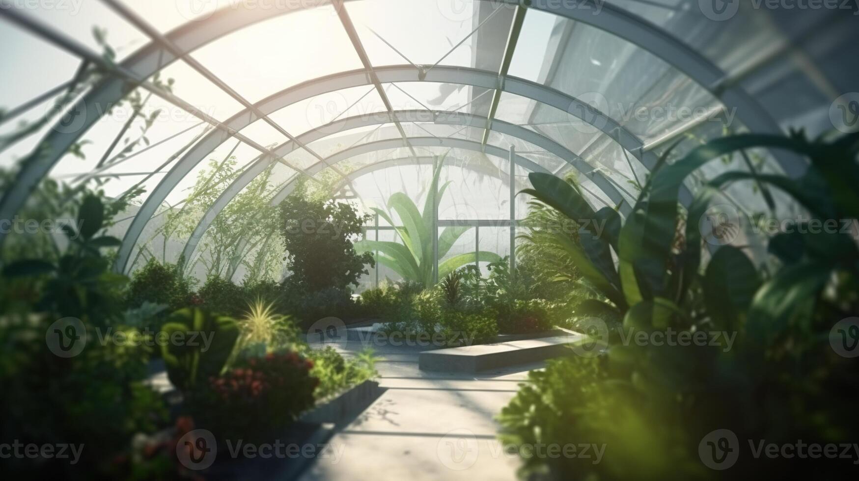 , Green house from the glass, tent-glass garden with a lot of plants. Photorealistic effect. photo