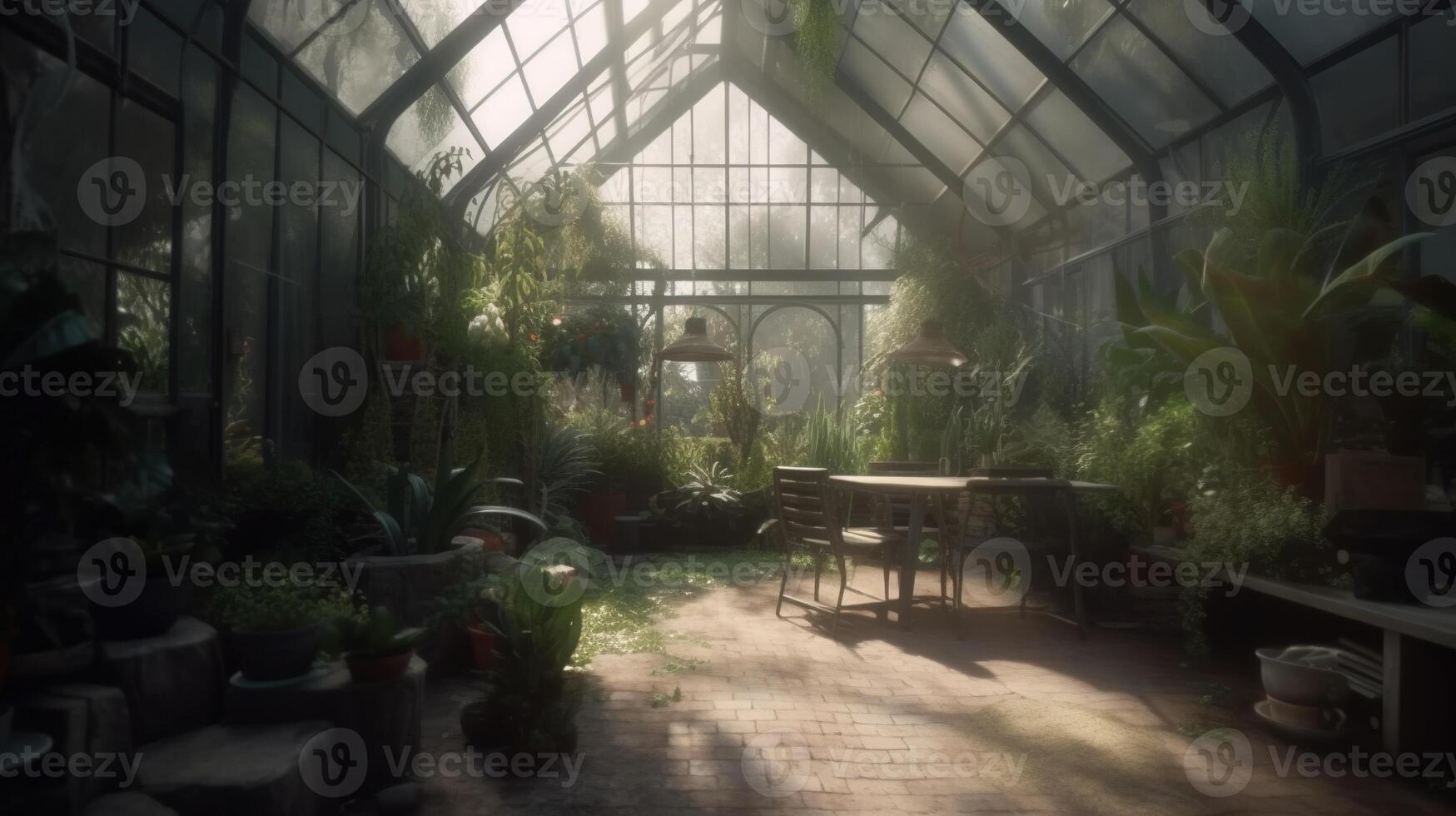 , Green house from the glass, tent-glass garden with a lot of plants. Photorealistic effect. photo