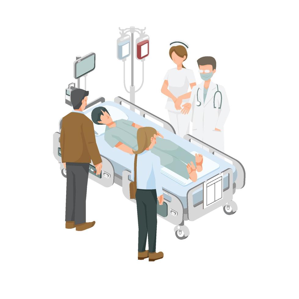 Patient on the hospital bed and visitor  graphic vector illustration on white background